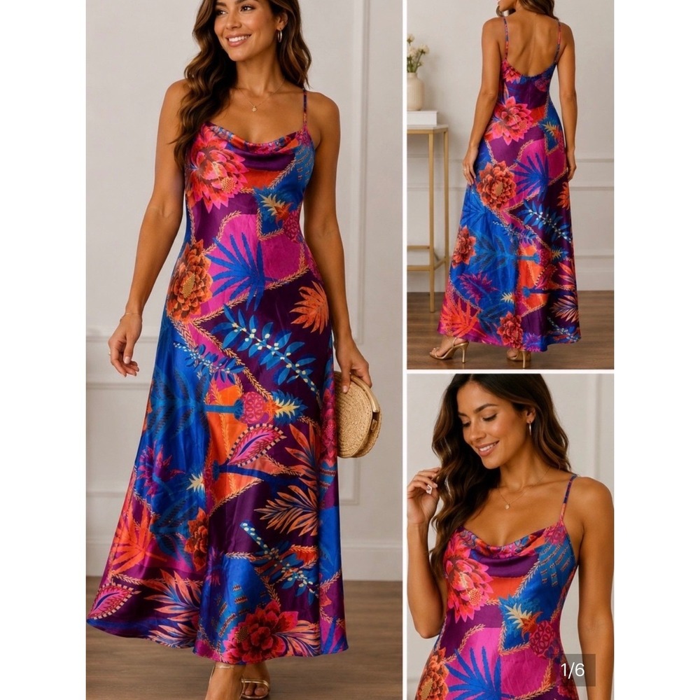 Boho Chic Romantic Island Girl Floral Satin Cowl Neck Slip Maxi Dress By Joie:XS
